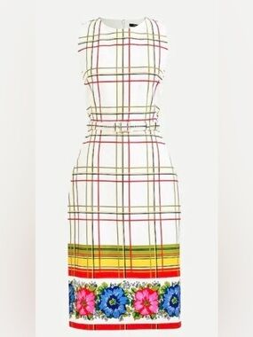 J.Crew Bi-Stretch Plaid Sheath Dress - Ivory Floral Border-Size 14 (Item AR697)